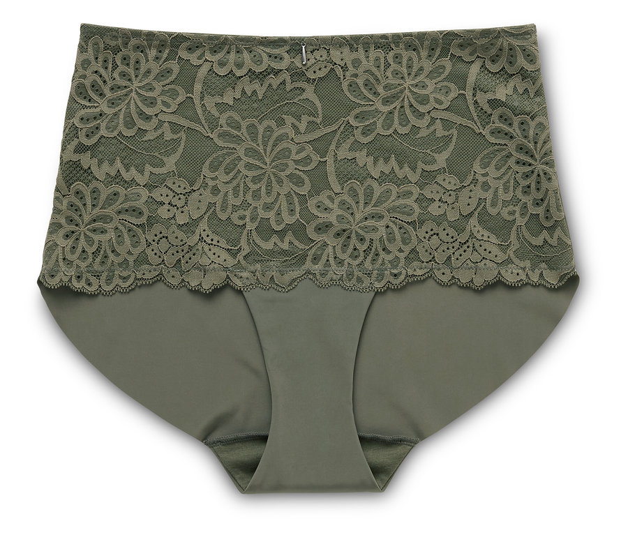 Une culotte verte pour femme, taille haute avec des détails en dentelle, est posée sur un fond blanc.