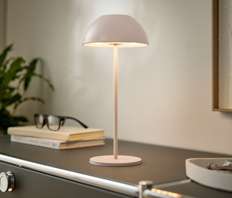 Sur une commode se trouvent une lampe rose, des livres et des lunettes. Une plante et un tableau encadré sont visibles en arrière-plan.