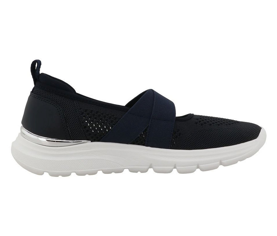Chausson Romika bleu marine avec tige en maille, bride élastique et semelle blanche avec détail argenté au talon.