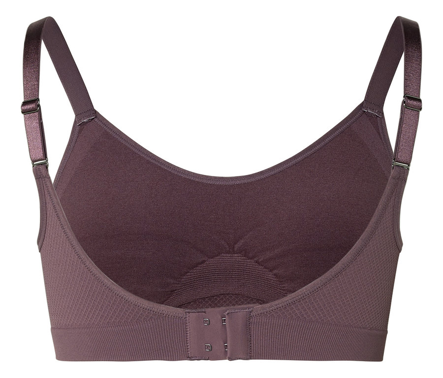 Vue arrière d'un soutien-gorge aubergine avec bretelles réglables et fermeture à agrafes.