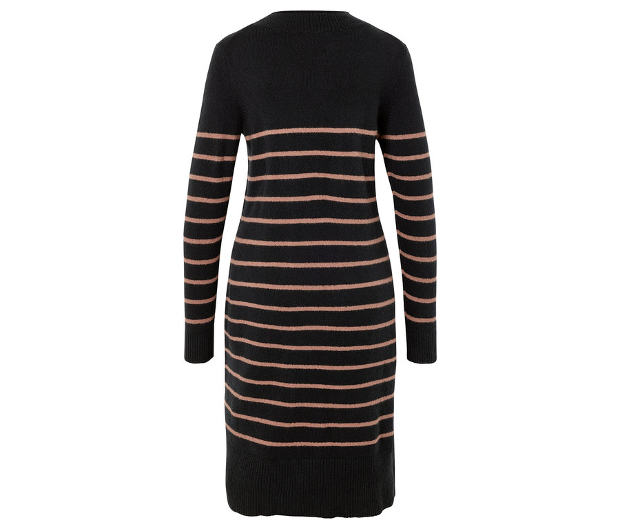 Vue arrière d'une robe en tricot noire à manches longues avec des rayures roses horizontales.