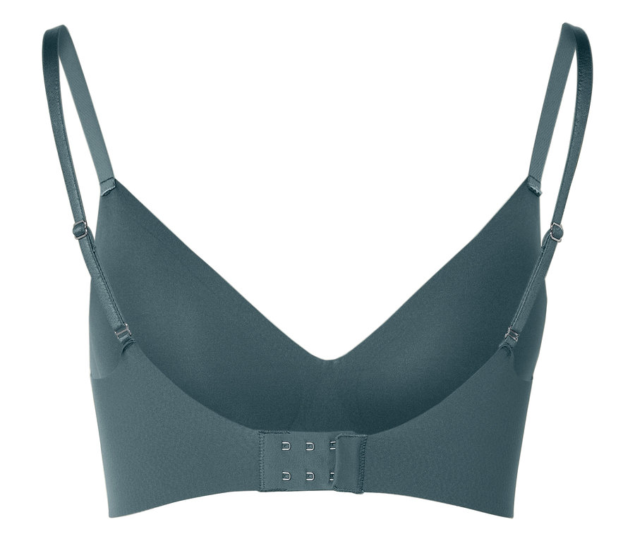 Vue arrière d'un soutien-gorge vert avec bretelles réglables et fermeture à agrafes.