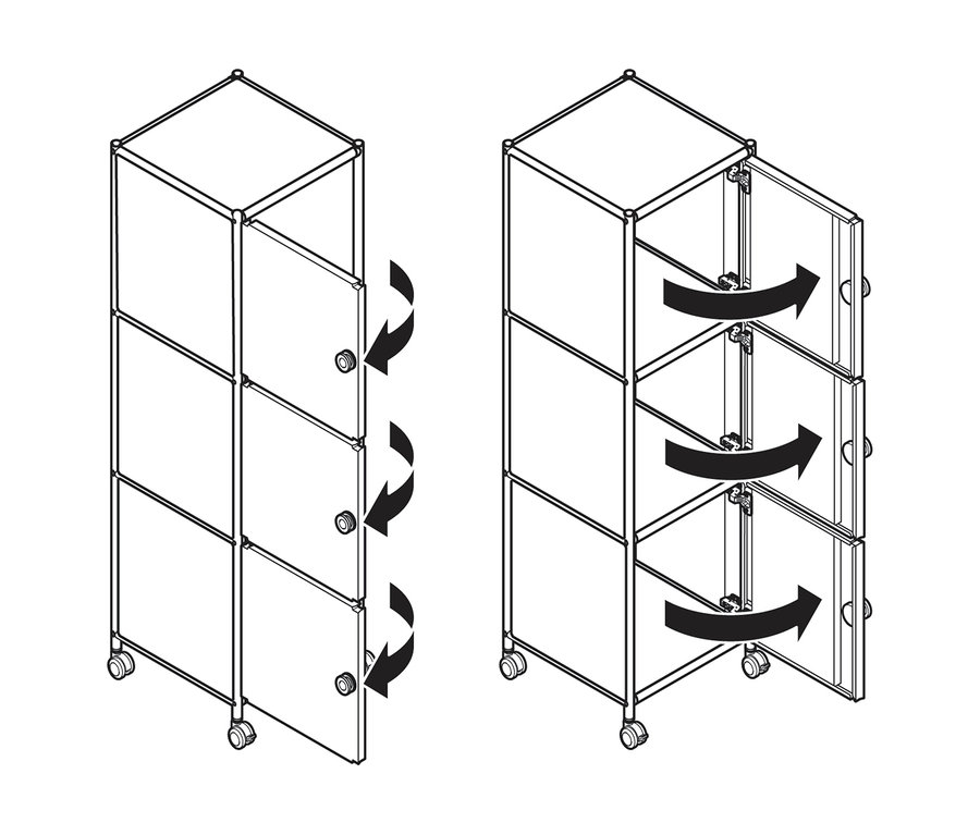 Caisson en métal à roulettes « CN3 » blanc avec 3 portes, montré fermé avec des flèches indiquant l'ouverture vers l'extérieur, puis avec les 3 portes ouvertes.