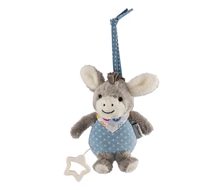 Boîte à musique en peluche « Emmi l’âne » grise et blanche, corps bleu étoilé, foulard coloré et tirette en étoile.