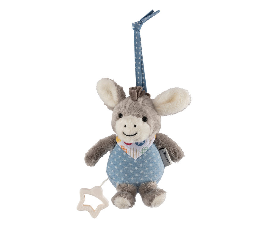 Boîte à musique en peluche « Emmi l’âne » grise et blanche, corps bleu étoilé, foulard coloré et tirette en étoile.