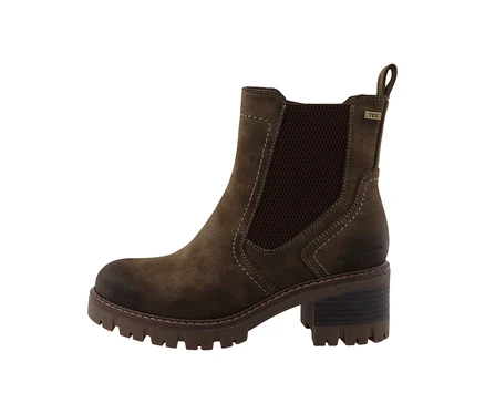 Bottes Chelsea en velours marron foncé Tom Tailor avec empiècements élastiques, semelle crantée épaisse et talon bloc.