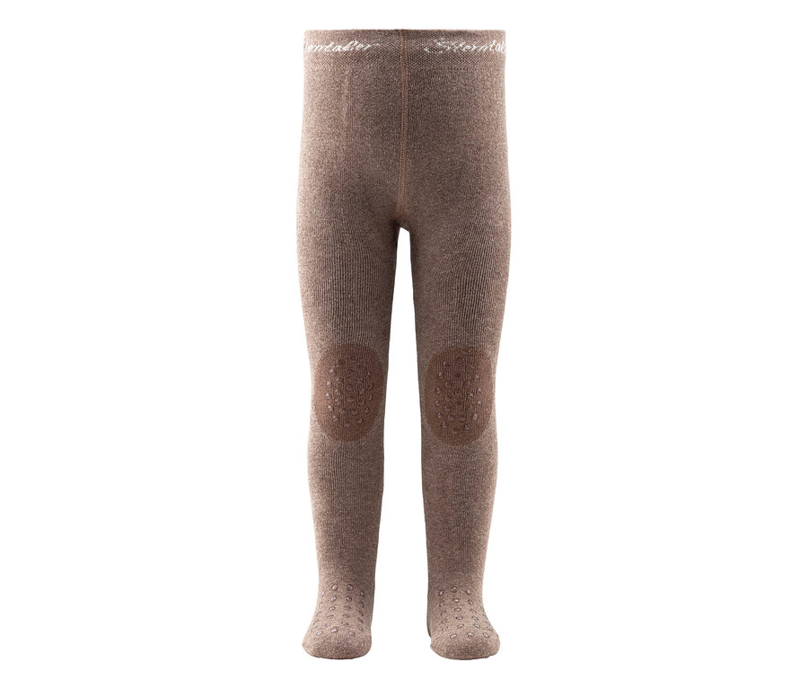 Collant côtelé marron pour enfant avec des patchs antidérapants plus foncés aux genoux et des semelles antidérapantes à pois aux pieds.