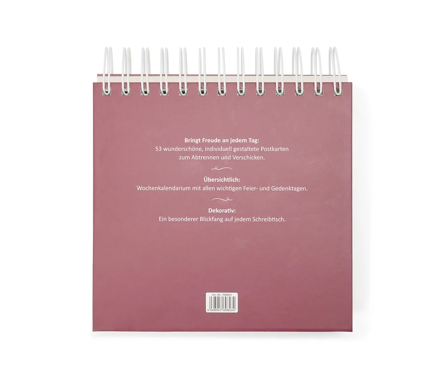 Dos d'un calendrier de bureau à spirale de couleur mauve, avec du texte blanc décrivant 53 cartes postales détachables et un calendrier hebdomadaire avec les jours fériés. Un code-barres est visible en bas.