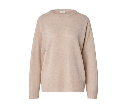 Pull beige en maille fine à col rond, manches longues, bords-côtes et étiquette «MYSTYLE».