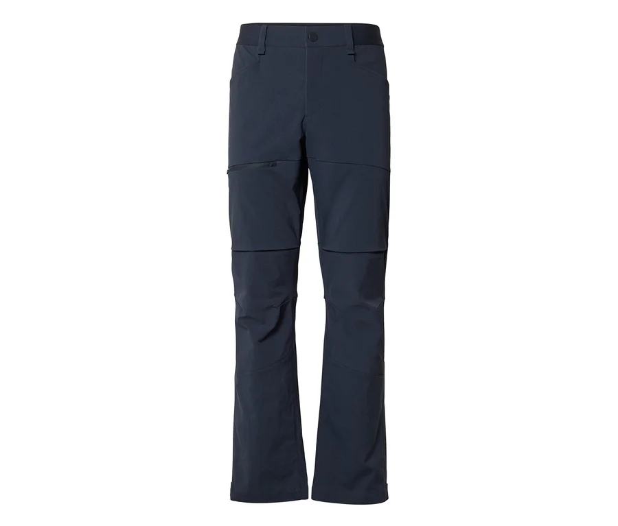 Pantalon d'extérieur convertible bleu foncé avec jambes zippées et une poche zippée sur la cuisse gauche.