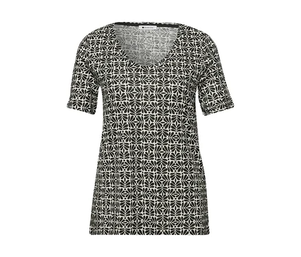 Le t-shirt Street One a un motif noir et blanc et un col en V.