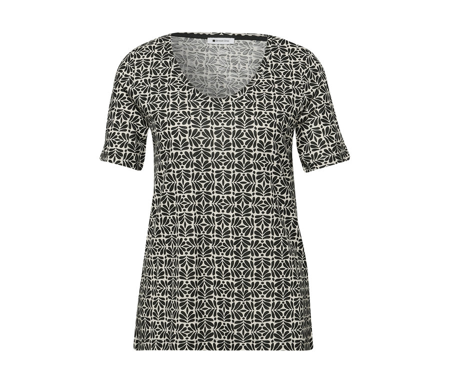 Le t-shirt Street One a un motif noir et blanc et un col en V.