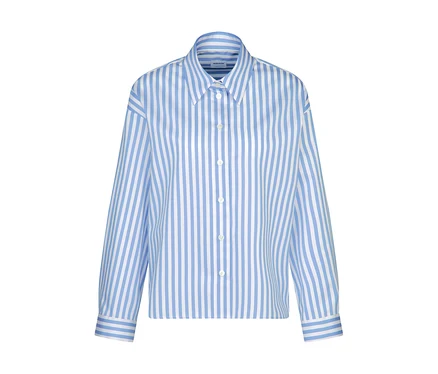 Chemisier oversize Seidensticker bleu et blanc à rayures, avec col, boutonnage et poignets à rayures horizontales.