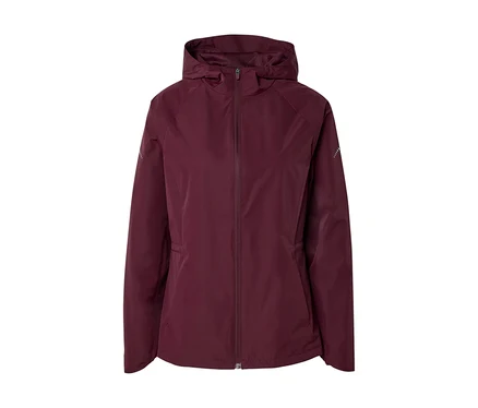 Veste de pluie bordeaux doublée avec capuche et fermeture éclair intégrale.