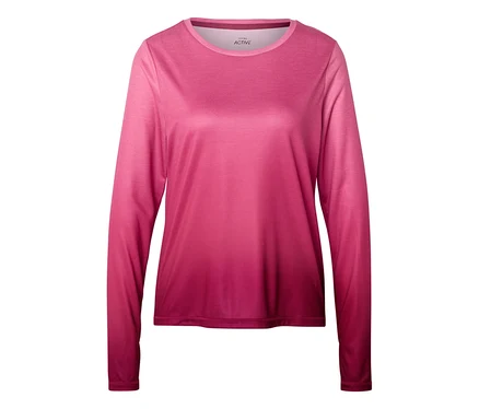 Haut de sport rose à manches longues avec un dégradé de couleurs allant du clair au foncé.