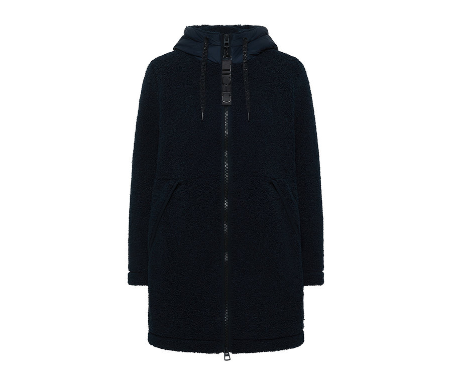 Veste CECIL bleu marine en tissu polaire avec capuche et fermeture éclair.
