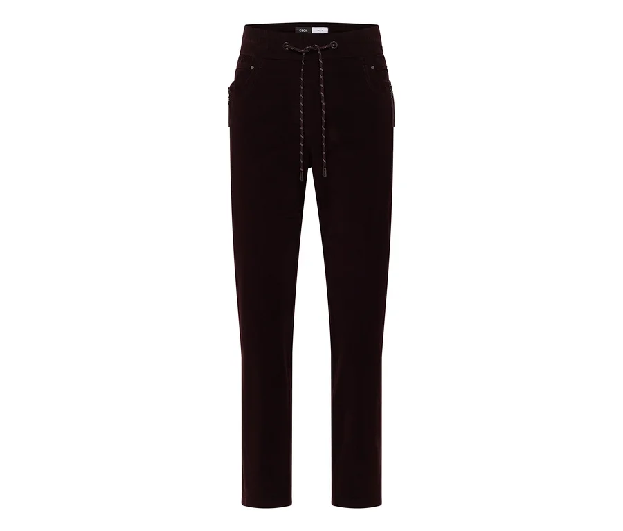 Pantalon en velours côtelé CECIL marron foncé avec taille élastique, cordon de serrage et poches zippées.