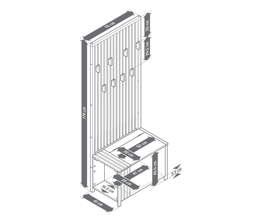 Image d'une garde-robe avec banc, aspect lamellé, et indications de taille.