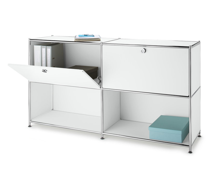 Un buffet en métal blanc avec 2 abattants amovibles, dont l'un est ouvert.