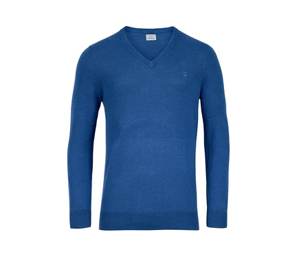 Pull en lin bleu roi à col en V.