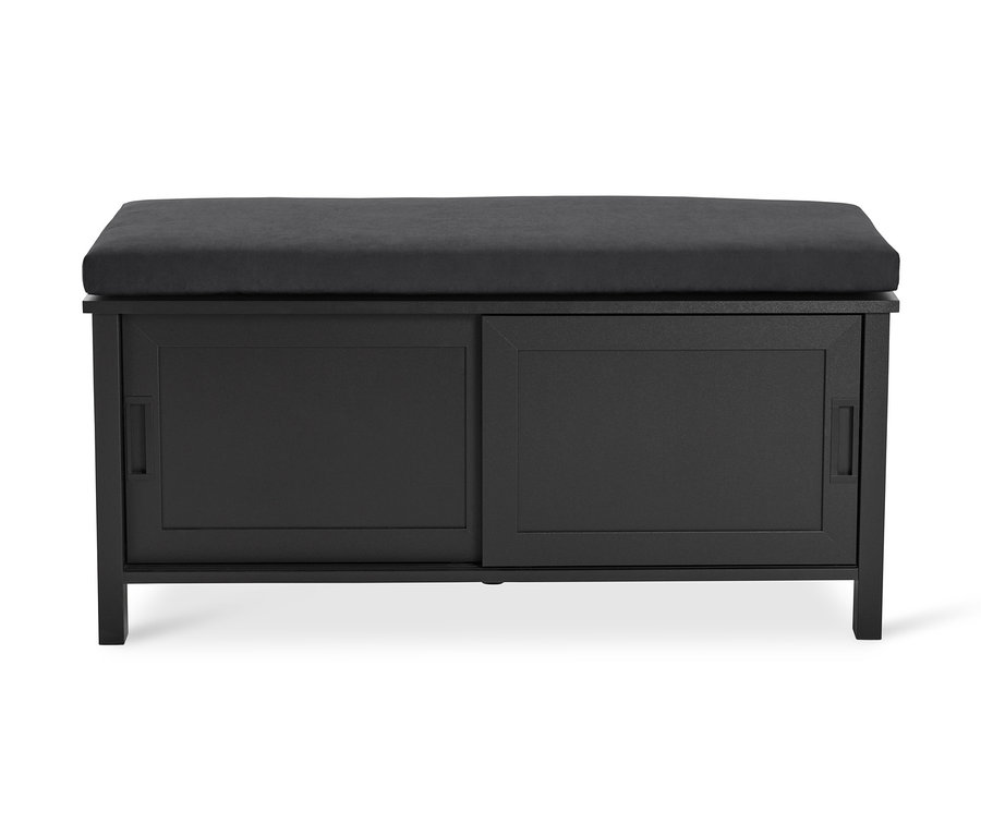 Banc noir « Clara » avec compartiment et coussin gris sur le dessus.