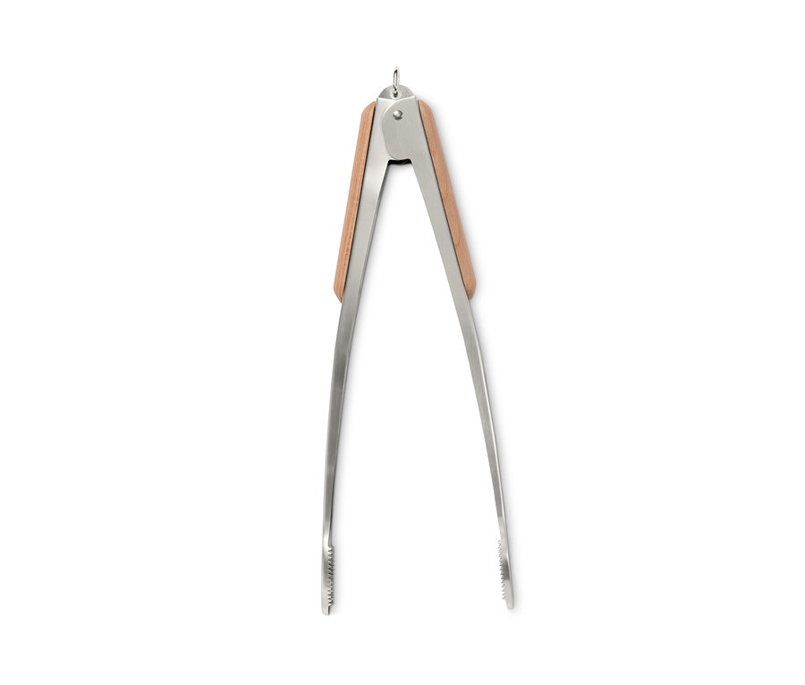 Pince à barbecue en acier inoxydable avec poignées en bois.