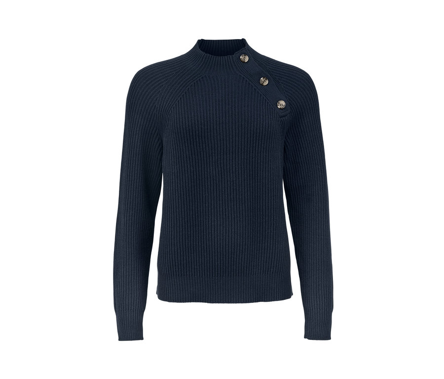 Pull en maille bleu foncé avec boutons.