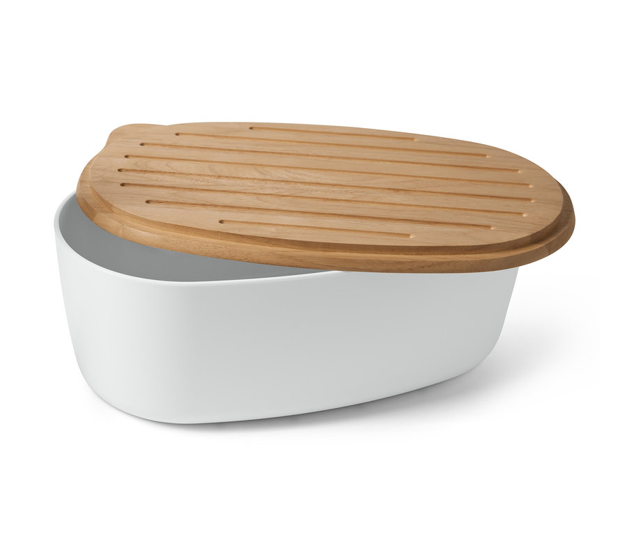 Huche à pain blanche avec planche à découper.