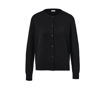 Cardigan noir en maille fine avec des boutons.