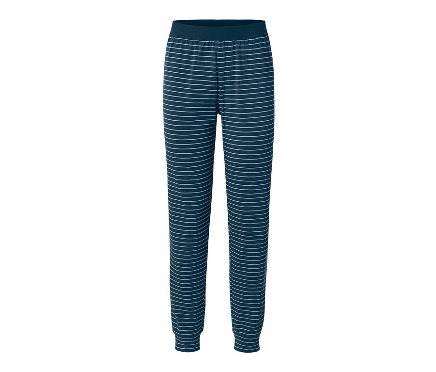 Un pantalon de pyjama bleu marine avec des rayures horizontales blanches.