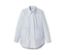 Blouse longue bleue NAH/STUDIO en coton bio avec manches longues, col et deux poches de poitrine.