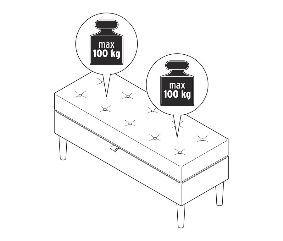 Illustration d'un banc rembourré avec espace de rangement supportant un poids maximum de 100 kg.