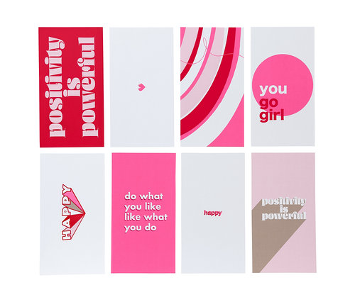 Lot de cartes postales / mini cartes illustrées avec différents motifs en rose et rouge.