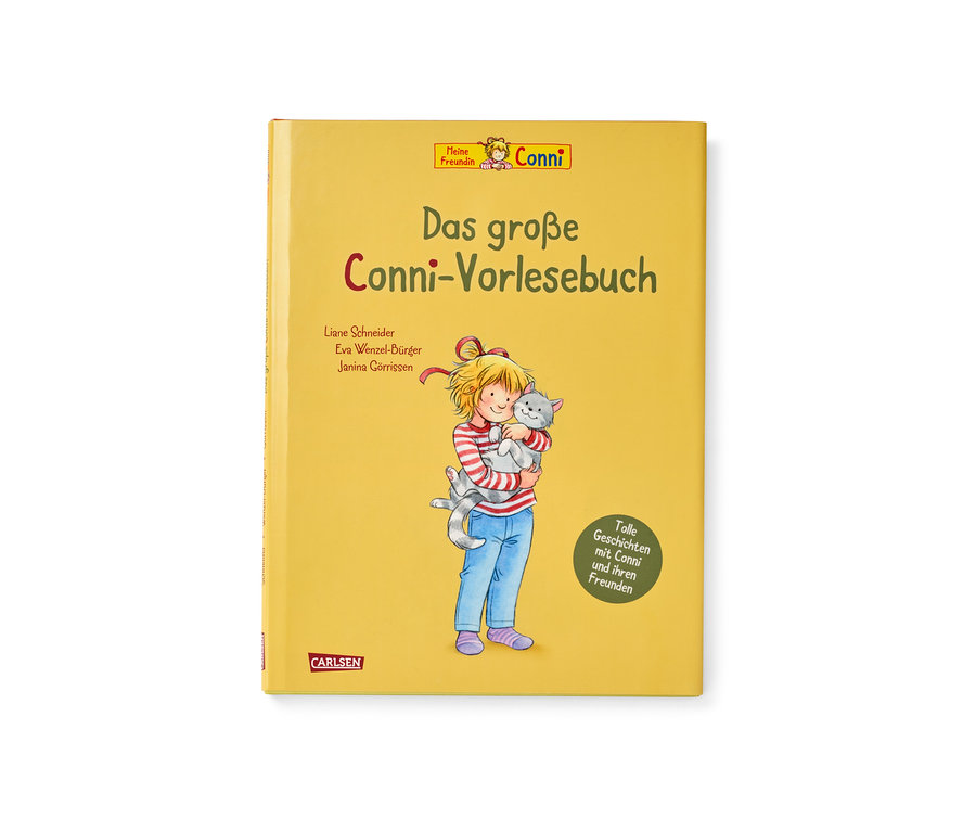 Livre jaune « Das große Conni-Vorlesebuch » avec illustration d'une fille étreignant un chat gris.