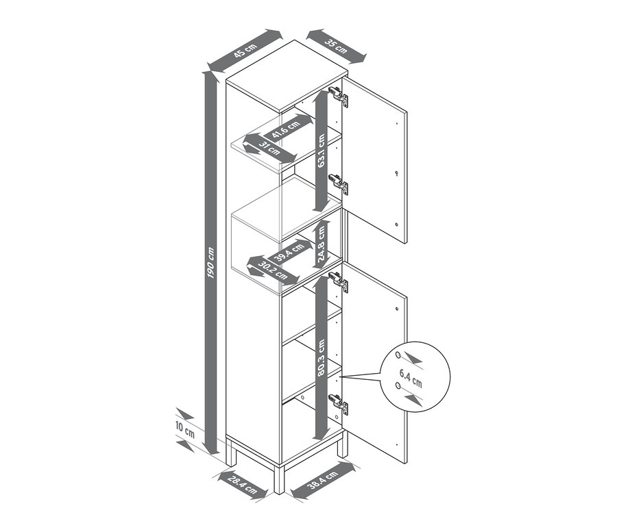 Schéma d'une armoire haute de salle de bain blanche « Eklund » avec portes ouvertes et dimensions.