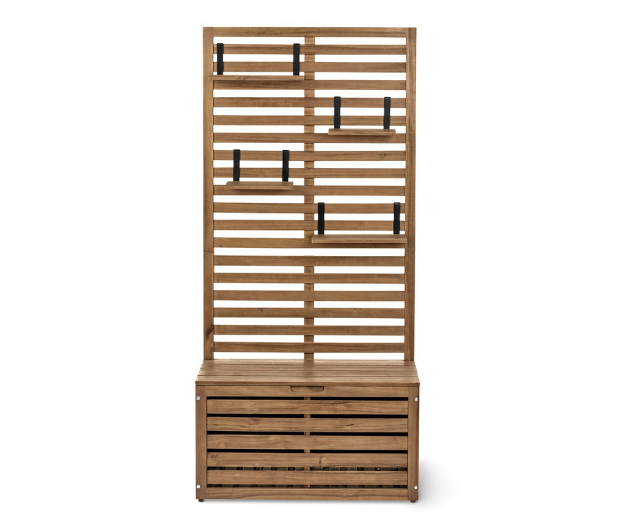 Banc de balcon « Lenja » marron avec coffre de rangement.