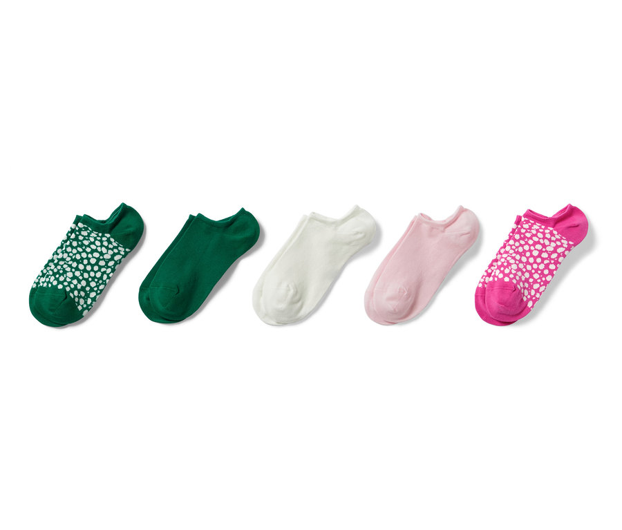 Cinq paires de socquettes de sport en vert, blanc et rose.