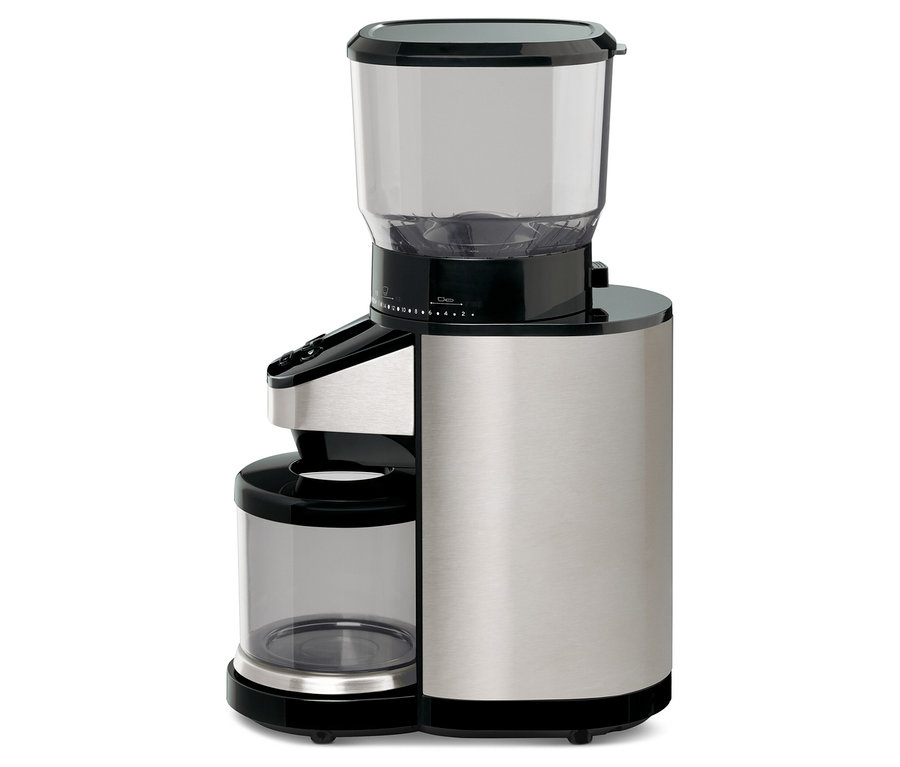 Moulin à café électrique avec balance en acier inoxydable.