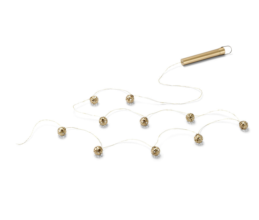 Guirlande lumineuse à LED dorée avec dix boules décoratives.