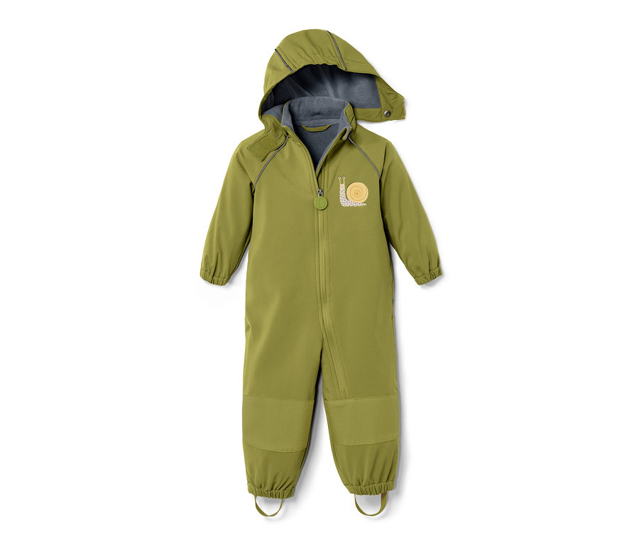 Combinaison softshell verte pour enfant avec capuche et appliqué d'escargot.