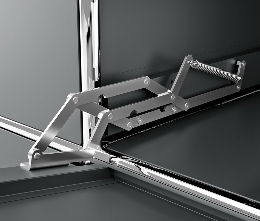 Vue détaillée d'un meuble gris CN3 en métal avec abattant et mécanisme.