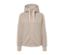 Cardigan molletonné à capuche beige avec fermeture éclair au milieu.
