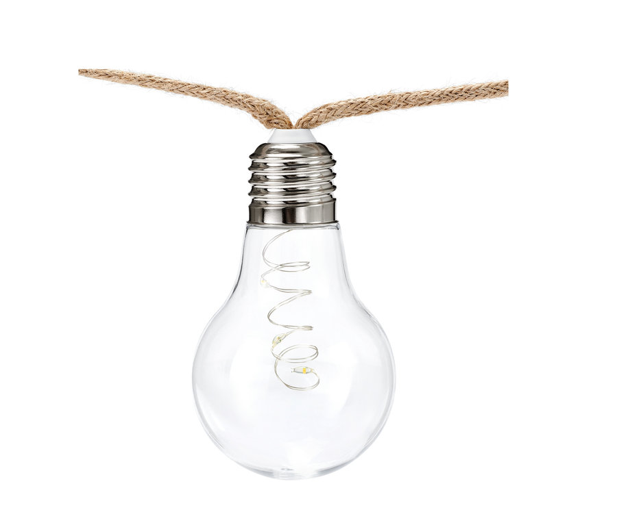 Détail d'une guirlande lumineuse solaire avec cordon en jute et ampoule avec lumières LED à l'intérieur.