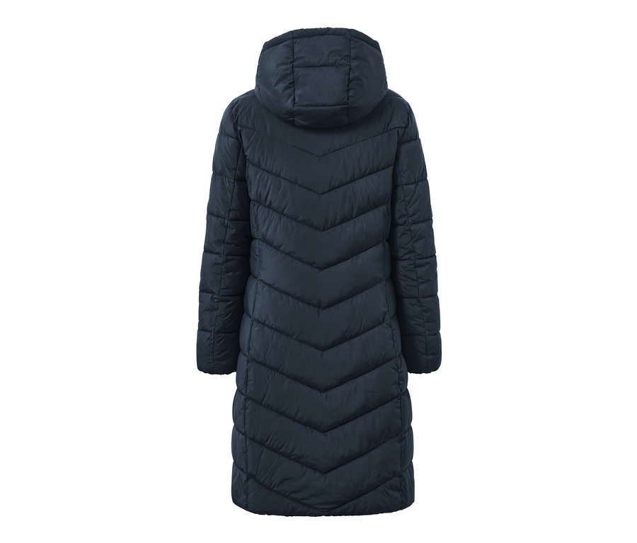 Manteau matelassé à capuche bleu foncé vu de dos.