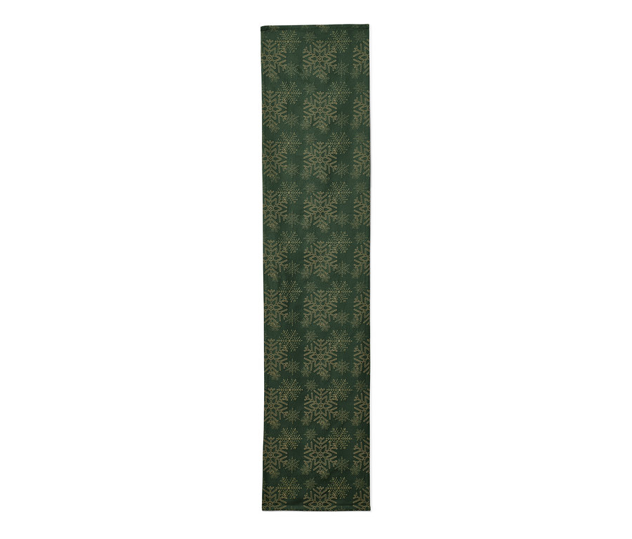 Chemin de table en jacquard vert avec motif de flocons de neige.