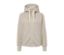 Cardigan molletonné à capuche beige avec fermeture éclair au centre.