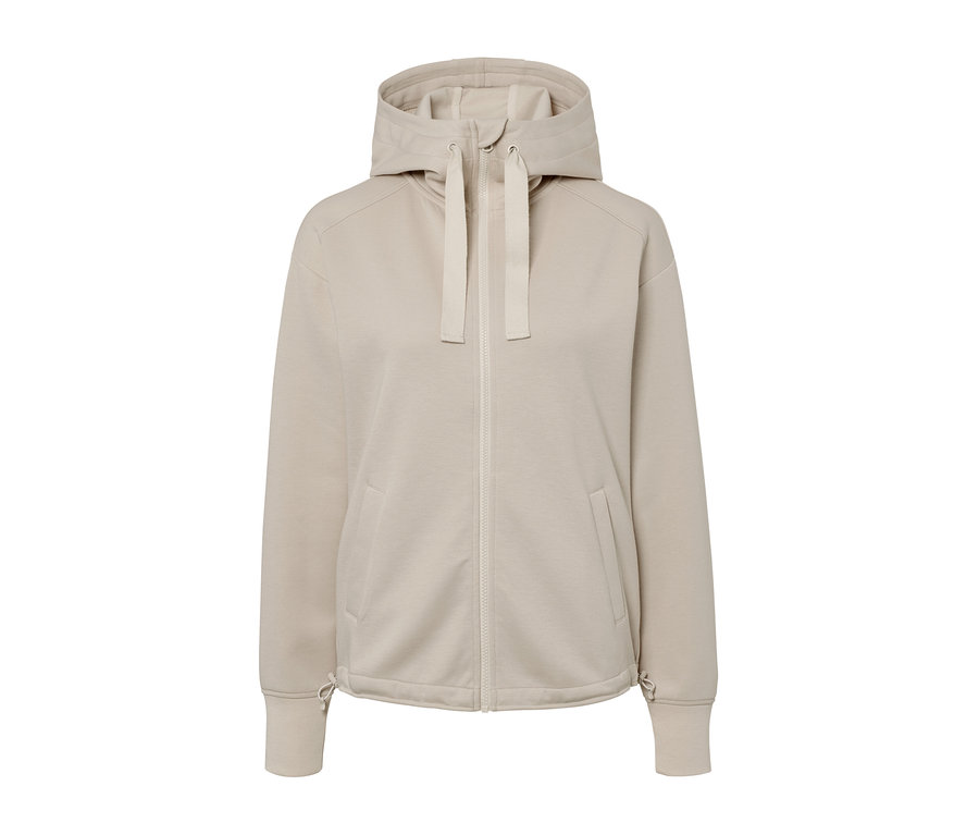 Cardigan molletonné à capuche beige avec fermeture éclair au centre.