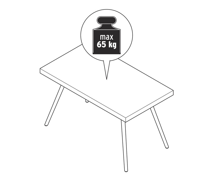 Schéma d'une table basse avec plateau en polyciment et une charge maximale de 65 kg.