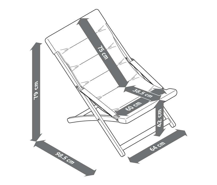 Illustration d'un fauteuil de relaxation pliant avec des dimensions indiquées.