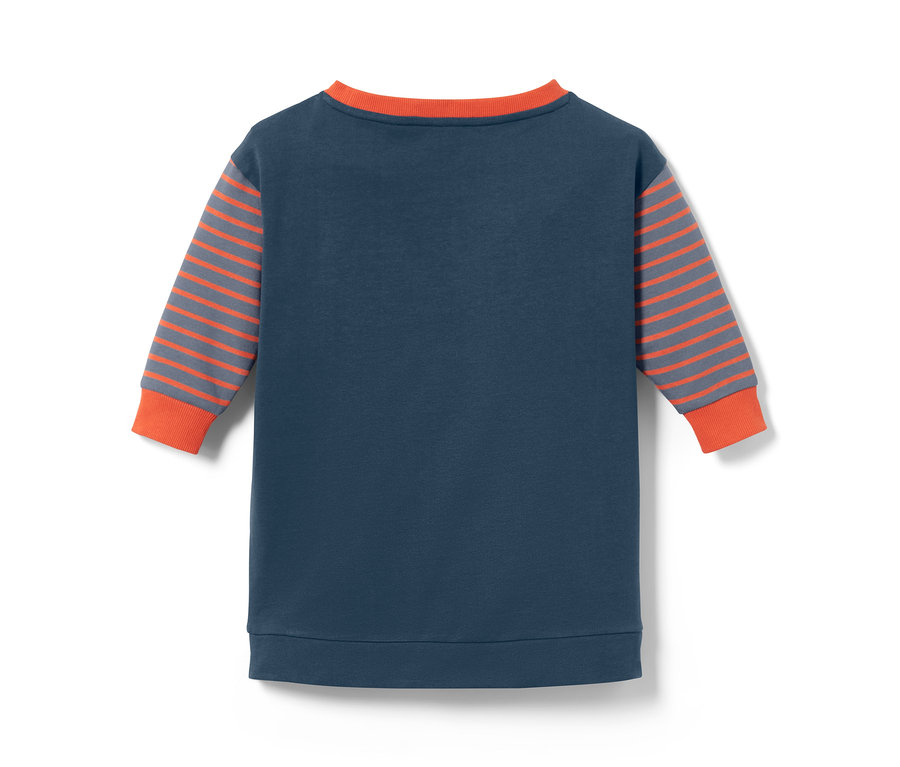 Sweat long bleu pour tout-petits avec des rayures orange sur les manches.